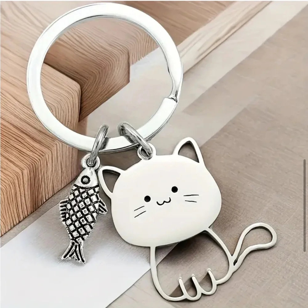 Whimsical Cat with Fish Key Ring Keychain with Dangle Charms
